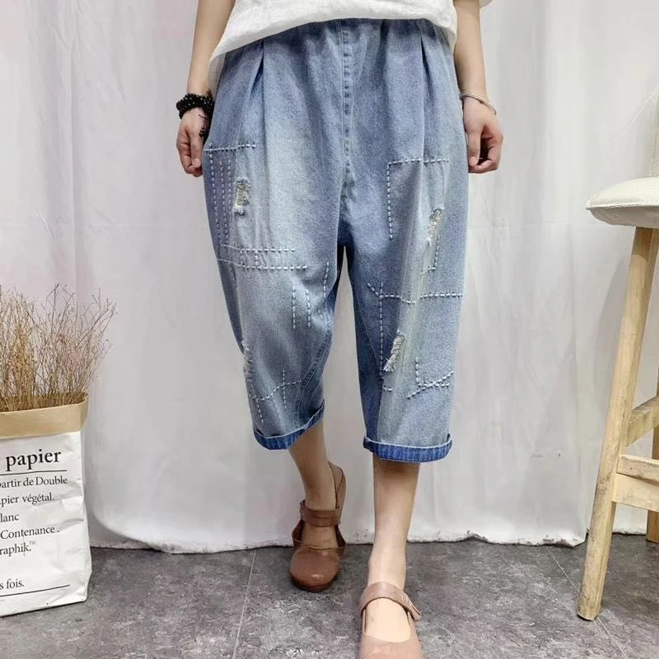 

Women Denim Pants Bottom Jeans Trousers Straight Big Loose Embroidery Casual Vintage Fashion for Spring Summer A70008
