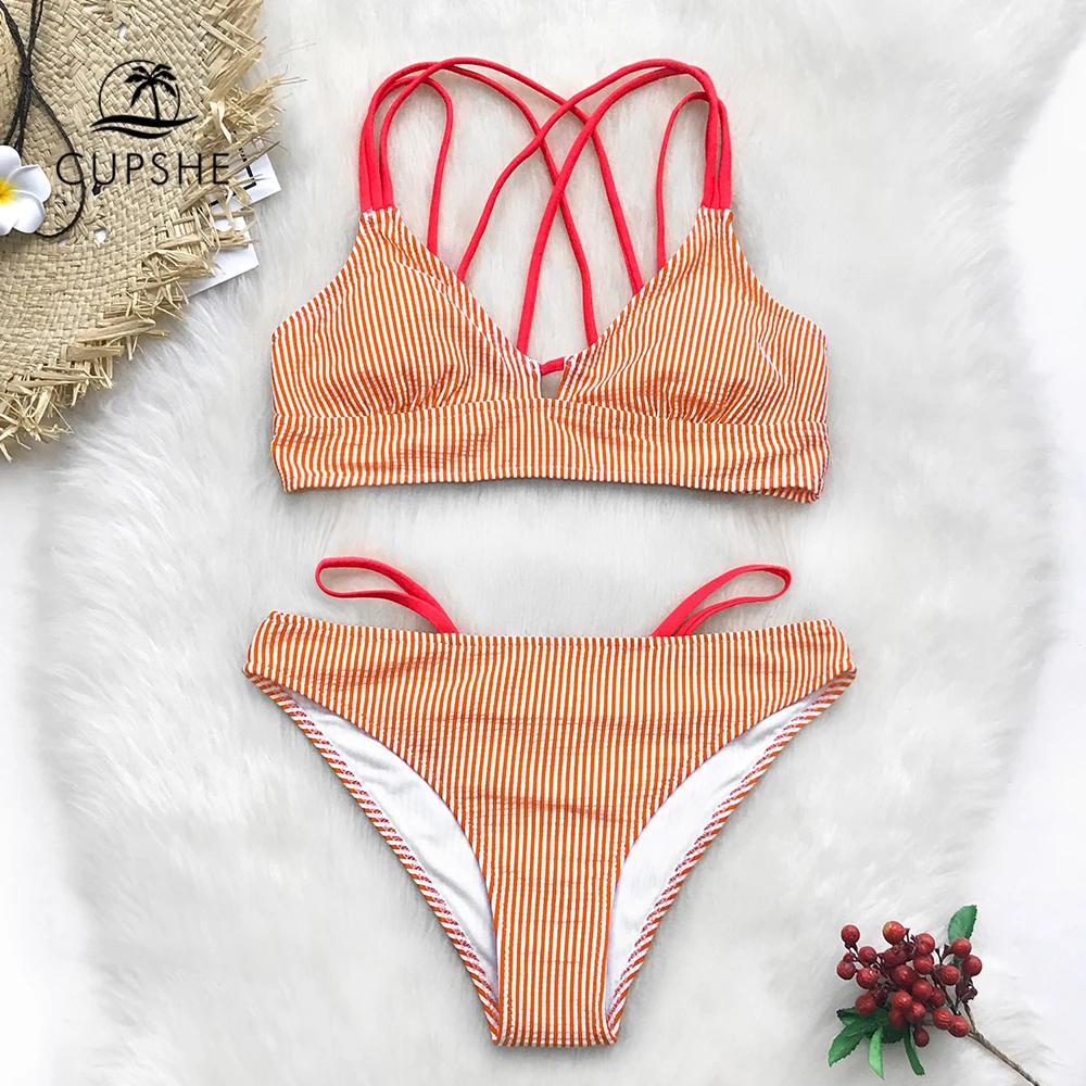 Günstig CUPSHE Orange Und Weiß Streifen Strappy Bikini Sets Frauen Sexy Zwei Stück Badeanzüge 2020 Mädchen Strand Badeanzüge