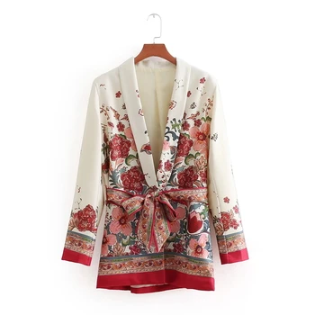 

2018 Women Vintage Retro Red Floral Print Kimono Suit jacket ladies waist bowknot sashes Outwear business casual slim Coat CT070