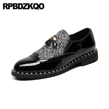 

Patent Leather British Style Stud Brogue Prom Elevator Sequin Men Casual Slip-ons Shoes Black Tassel Glitter Wingtip Rivet Club
