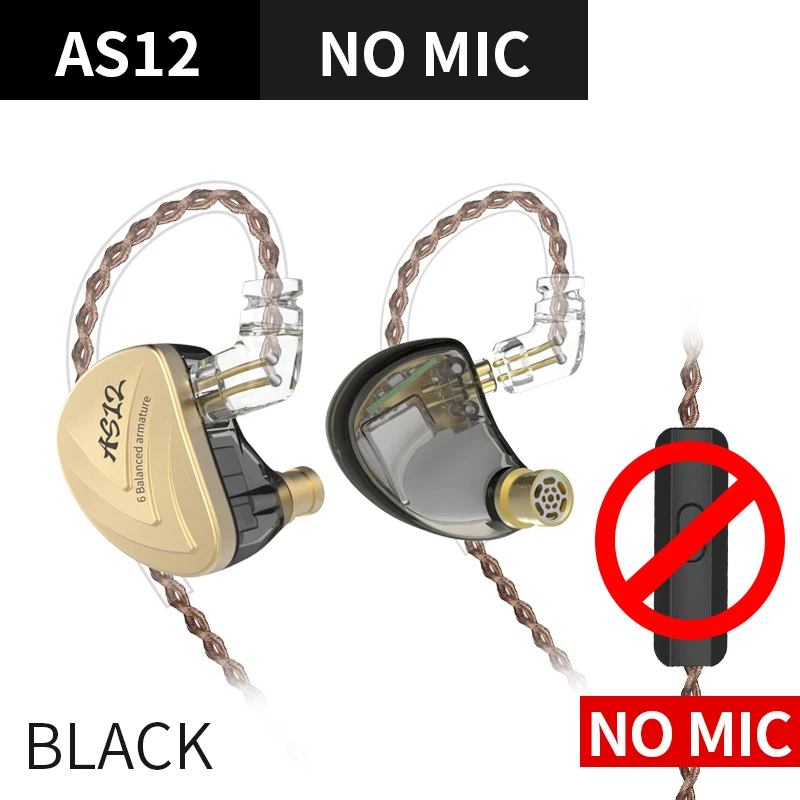 KZ AS12 6BA привод в ухо наушник 6 сбалансированных арматуры HIFI Мониторинг наушники гарнитура наушники KZ AS16 AS10 ZS10 C16 - Цвет: Black no mic