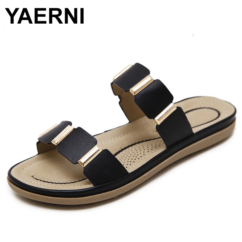 

YAERNI Plus Size Comfortable Beach Shoes New Fashion Sandals Flat Slippers For Women Summer Footwear Size 35-42
