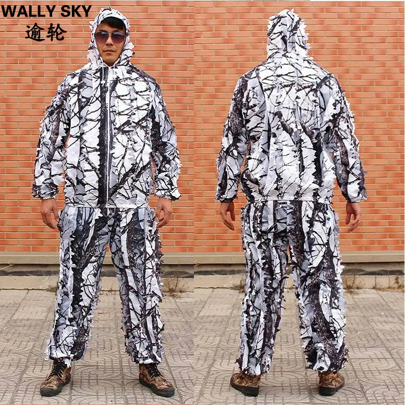 

Men Bionic 3D Leaf Snow White Camouflage Ghillie Suit Snow Hunting Clothing Camouflage Hunting Clothes Archery Jacket&Pants Sets