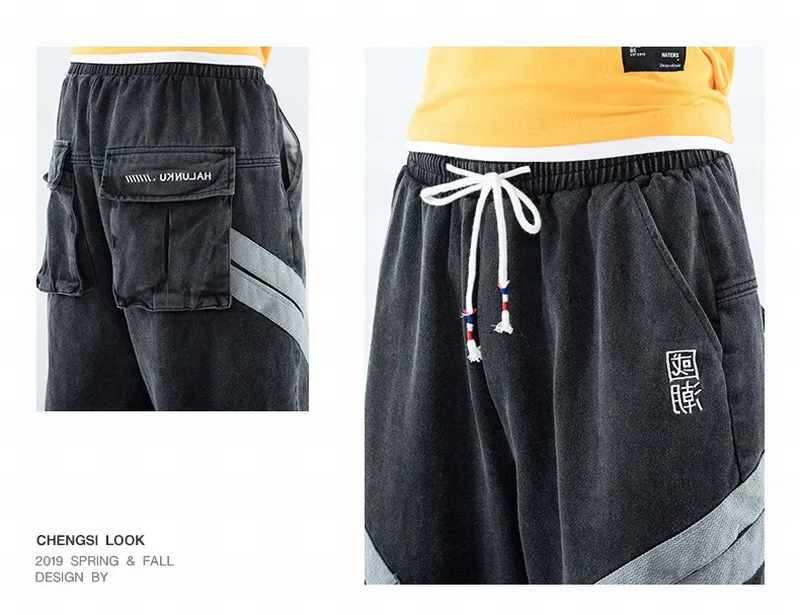 Tsingyi несколькими карманами Parchwork вышивка Для мужчин брюки-карго Штаны промывают хлопковые брюки хаки Штаны Drawstring Pantalon Для мужчин джоггеры