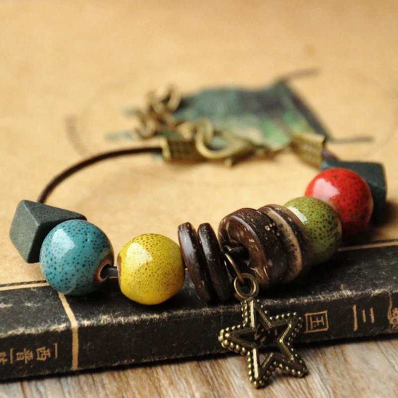 30 Pieces/lot Leather Bracelets Women Men Star Ceramic Beads Round