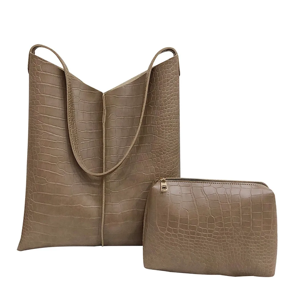 Женские сумки в стиле ретро, комплекты из 2 предметов, Крокодиловая Кожа, сумка на плечо, вместительная сумка-мешок, клатч, роскошные женские сумки - Цвет: Хаки