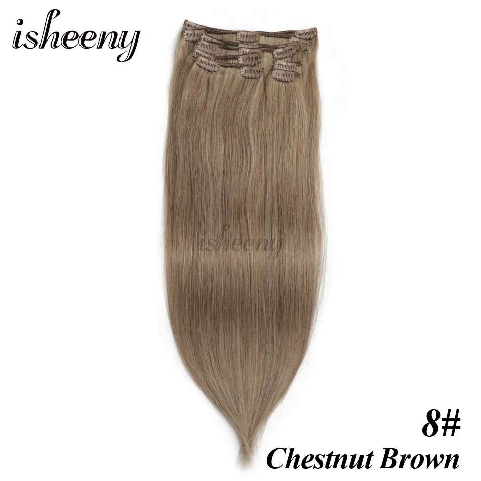 Isheeny Remy(Реми), накладные волосы для наращивания 8 шт./компл. бесшовные натуральные человеческие волосы для наращивания на заколках, на всю голову, бразильский Однотонная одежда волосы на заколках - Цвет: #8