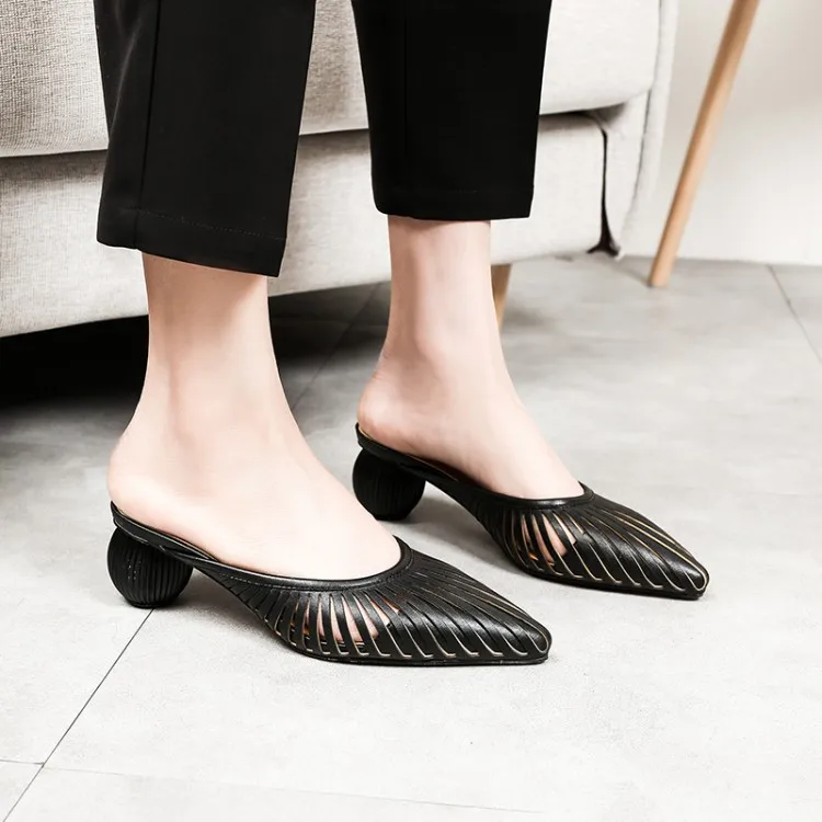 

Women Mules Slippers heels Summer shoes Leather Ladies Pointed Toe Outside slipper Fashion Woman Party Wedding Shoes Size 34-43