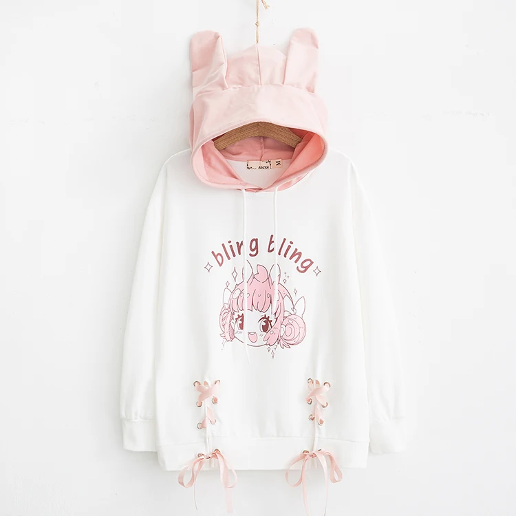 Goedkoop Kawaii Oor Vrouwen Hooded Hoodies 2019 Lente Lange Mouw Mooie Roze Lolita Leuke Meisjes Lace Up Cross Sweatshirt Vrouwelijke Truien
