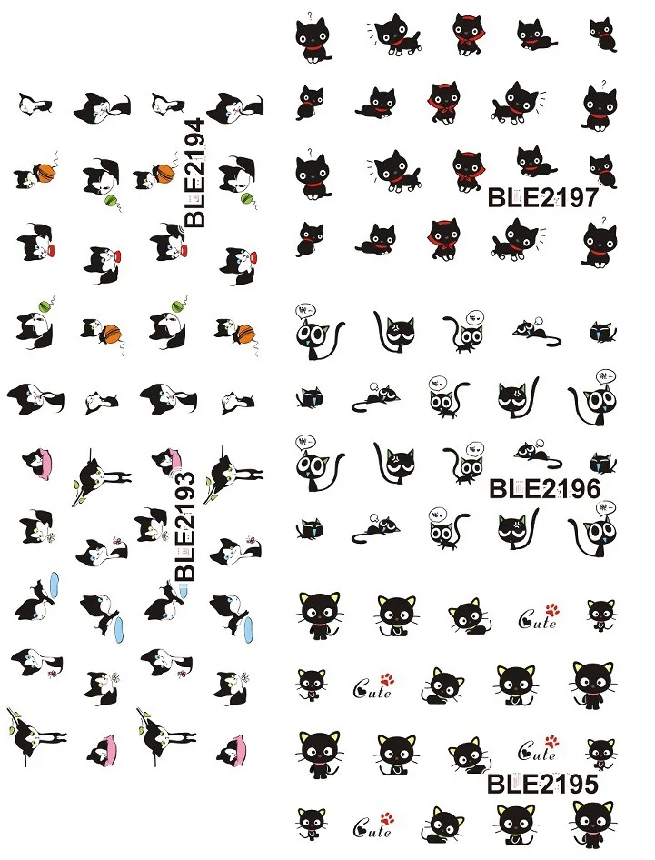 

Hot Sale BLE2193-2203 1 Lot = 11 Sheets 11Styles Large Water Transfer Cat Kitten Kitty Black Qute Nail Art Stickers Decors Tip
