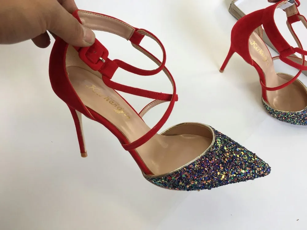 

Keshangjia Woman Wedding Shoes High Heels Dress Shoes Sequined Cloth Ankle Strap Pumps Women Sexy Heeled Shoes Zapatos Mujer