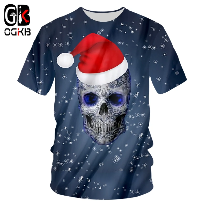 

OGKB новая трендовая 3D печать Рождественская шапка и череп футболка креативный узор снежинки 5XL 6XL Мужская футболка с круглым вырезом