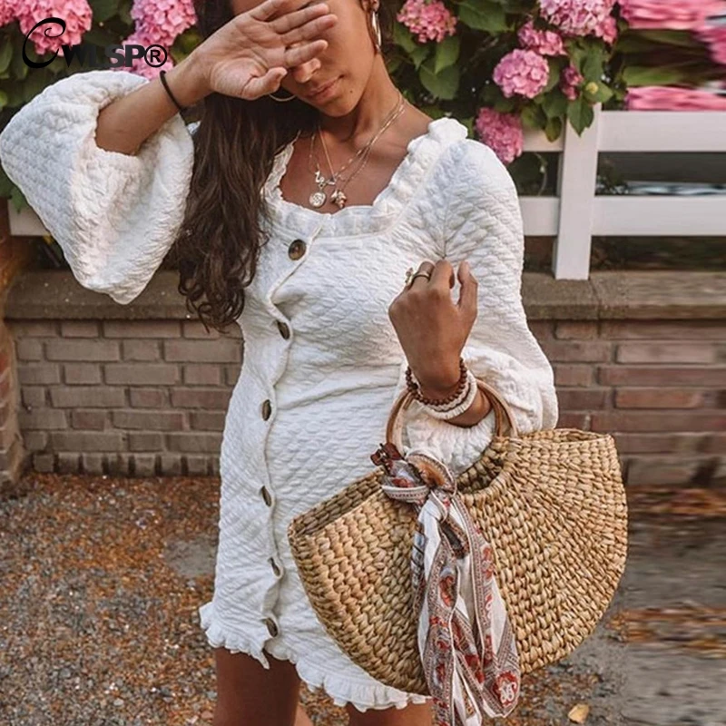 CWLSP blanco cuello largo linterna vestidos de manga volantes Mini vestido botones otoño vestido ropa de mujer invierno QL4209 CWLSP blanco cuello largo linterna vestidos de manga volantes Mini vestido botones otoño vestido ropa de mujer invierno QL4209