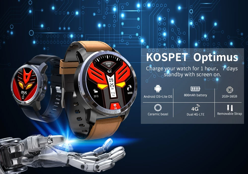 Умные часы KOSPET OPTIMUS 4G LTE 2 ГБ + 16 8 0 МП IP67 водонепроницаемые две системы GPS Nano SIM Wi Fi