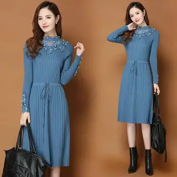 

2019 Autumn Winter Women Kintted Dresses Female Elegant Long Sleeve Loose Lace O-Neck Pullovers Oversize Sweater Dresses H02