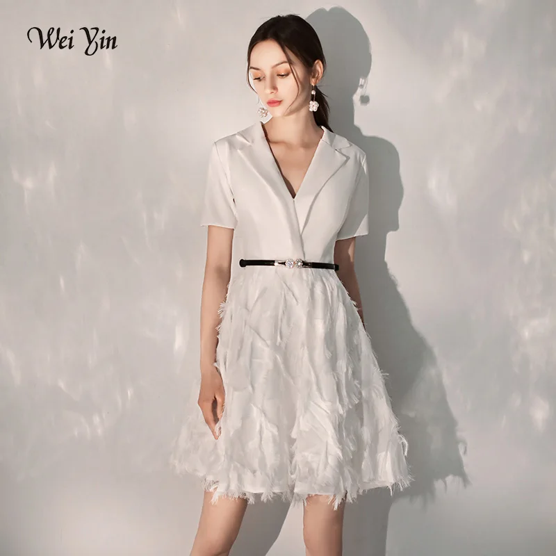 

wei yin Prom Dresses 2020 Elegant Ladies Sexy V-Neck Short Sleeves Above Knee Mini Lace Sashes Formal Party Dress WY1754