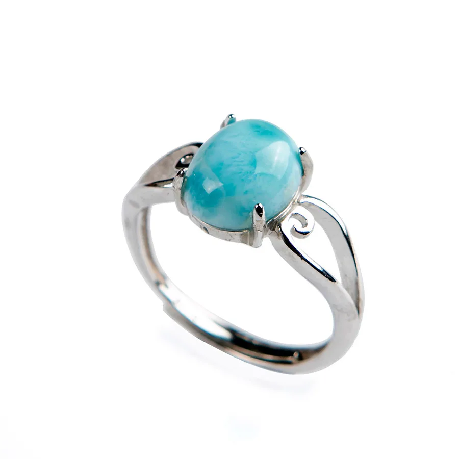 

Genuine Natural Larimar Stone Beads Fashion Women Lady Stering Sliver Ring 10*8mm