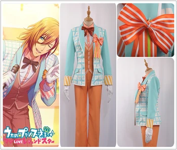

Uta no Prince Sama Sweet Cafe Live Jinguji Ren The wind blue Cosplay Costume Custom Blue Plaid Jacket Khaki Vest Gloves Uniform