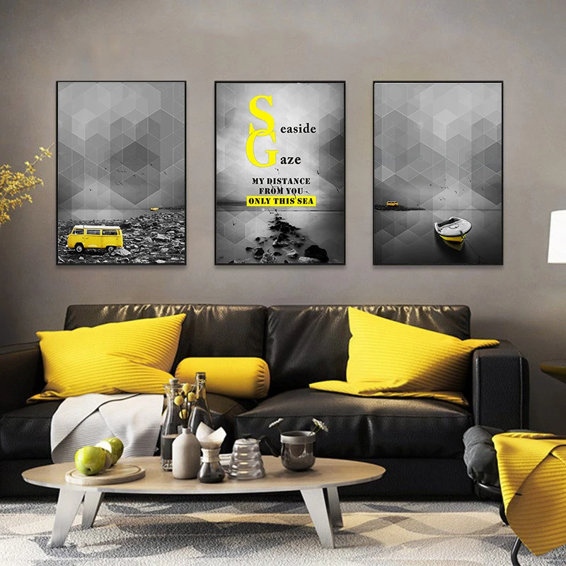 

Black and White Scenery Picture Home Decor Nordic Canvas Painting Wall Art Print Abstract Yellow Landscape Poster for Bedroom