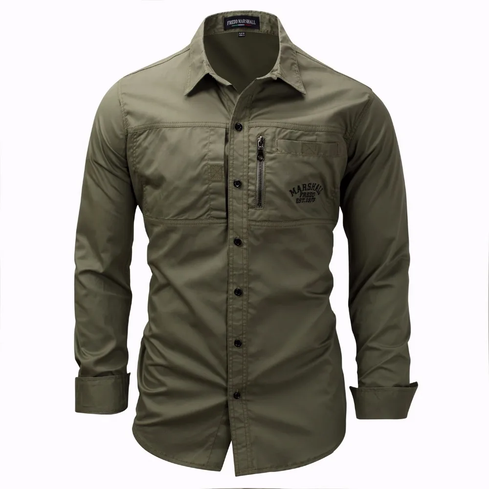 Мужская приталенная рубашка в стиле милитари хаки с длинным рукавом|men shirts