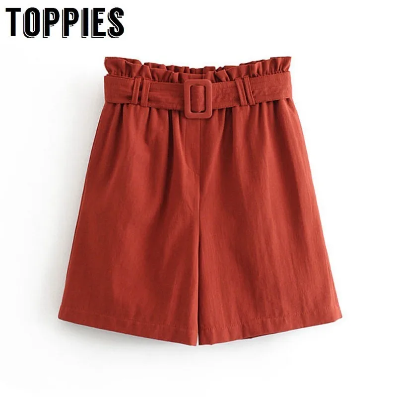 

Summer Bermuda Shorts Belt Waist Lady Wide Leg Shorts High Waist Solid Color Women Causal Streetwear