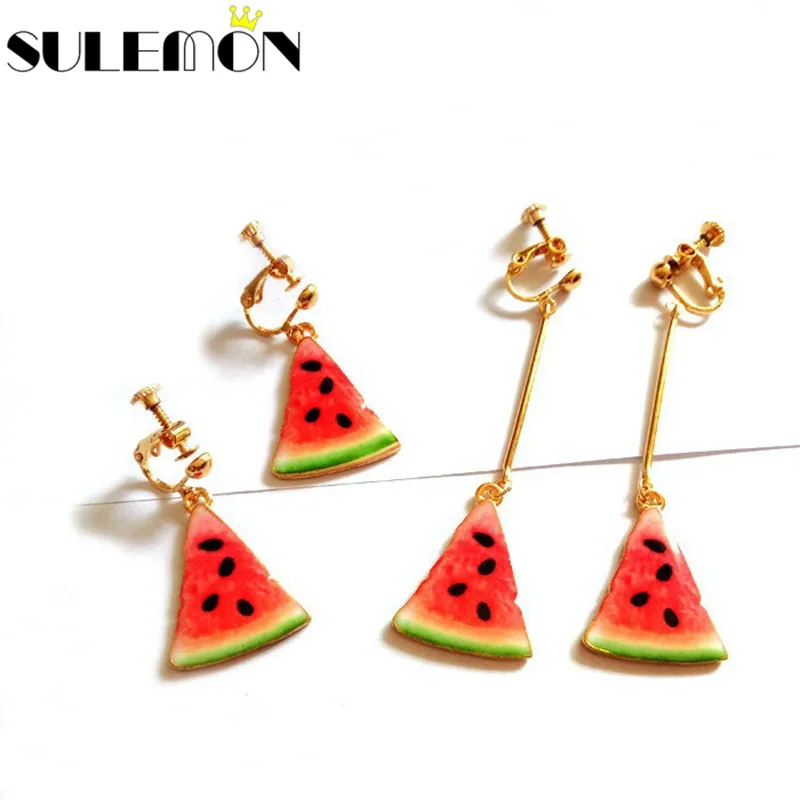 

Watermelon Screw No Hole Ear Clip Earrings For Women Charm Cool Summer Fashion Jewelry Gold Red Long Earring Without Piercing