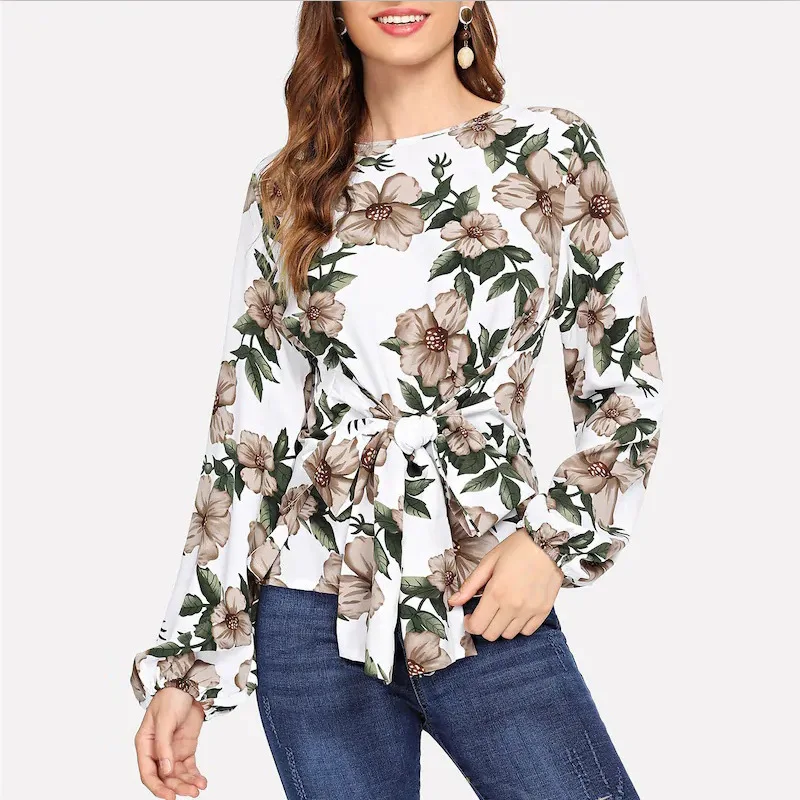 

Floral Blouse Women Tops 2019 Long Sleeve Bow Bandage Blouses Slim Fashion Casual Shirt Ladies Elegant Top Shirts Brand Quality