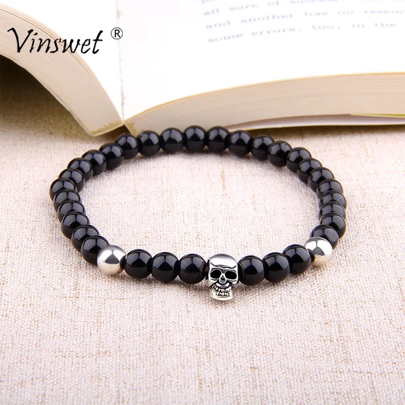 

Fashion Men Bracelet Natural Stone Bracelets for Women Men Black Onyx Beads Bracelet Men Jewelry Skull Ewelry Pulseras Mujer