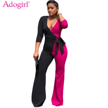 

Adogirl Color Patchwork Women Loose Jumpsuit Wrap V Neck Bow Tie Long Sleeve Romper Wide Leg Pants Trendy Casual Overall Outfits