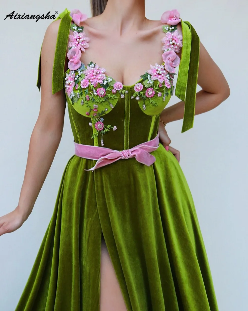 2019 зеленое вечернее платье длинное вельветовое ТРАПЕЦИЕВИДНОЕ милое на тонких бретельках Расшитое бисером 3D цветочное длинное вечернее