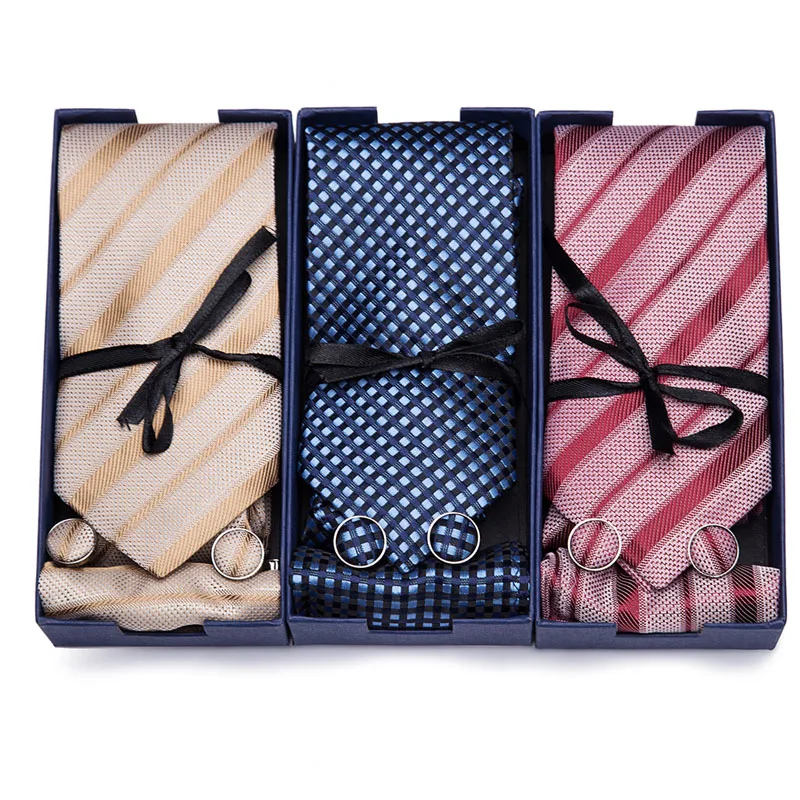 

2019 Fashion 8cm Wide Tie Sets Black/blue/red Men's Neck Tie Hankerchiefs Cufflinks 40 colours Box gift polyester silk handmade