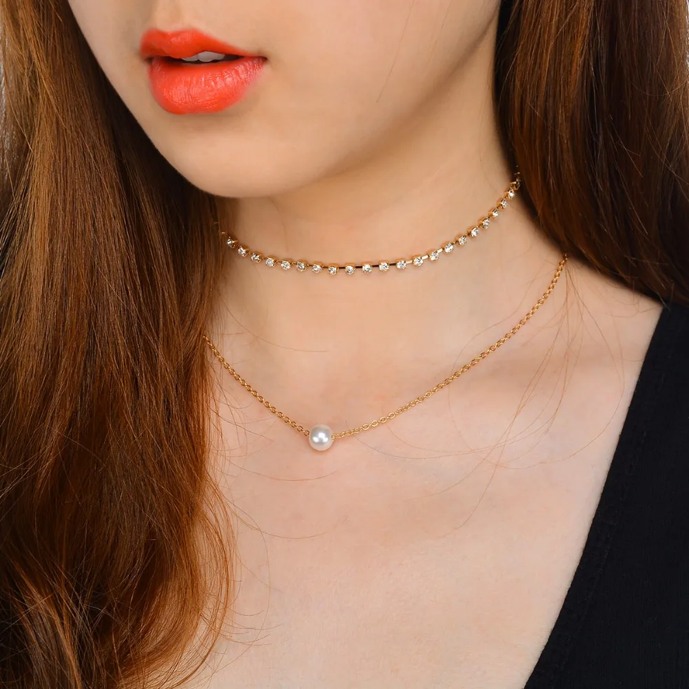 

Fashion 2 pcs Simple Rhinestone Claw Chain Choker Necklace Imitation Pearl Pendant Collar Statement Jewelry for Women