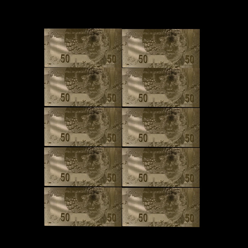 10pcs/lot Gold Plated World Currency Paper South African 50 Rand Foil Bank Note Money Banknote Collection | Дом и сад