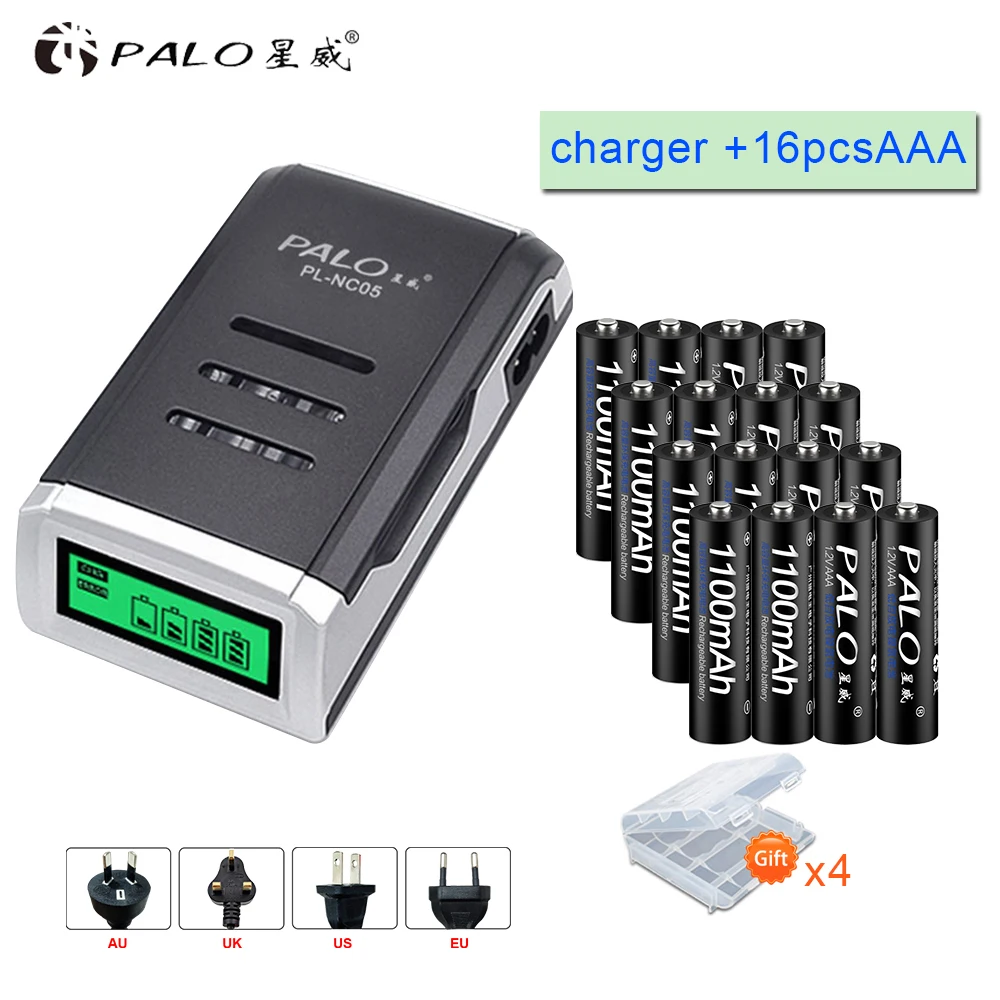

PALO 16pcs AAA rechargeable battery aaa batteria Ni-MH 1.2v batteries with LCD display charger for AA AAA ni-mh ni-cd battery