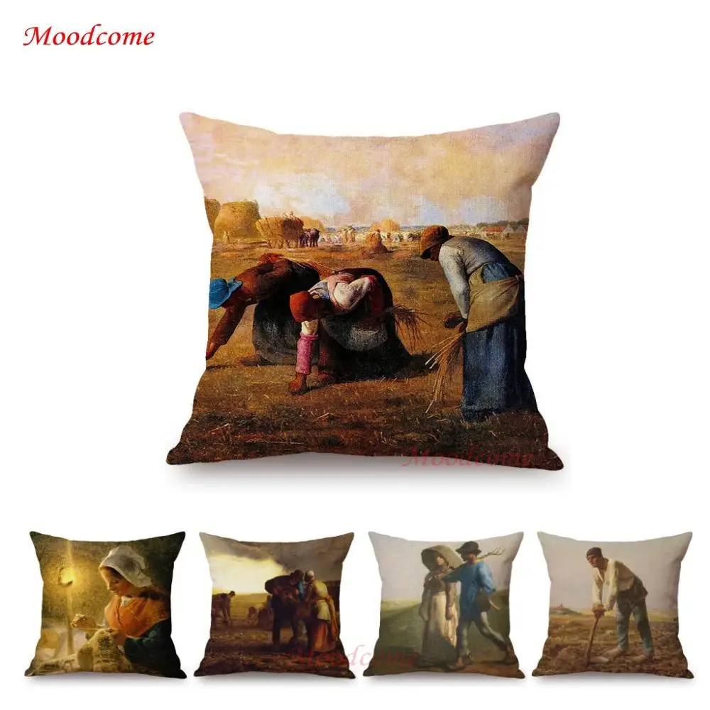 Jean Francois Millet Pastoral Realism Oil Painting The Gleaners Harvest Home Decoration Art Pillow case Linen Sofa Cushion Cover