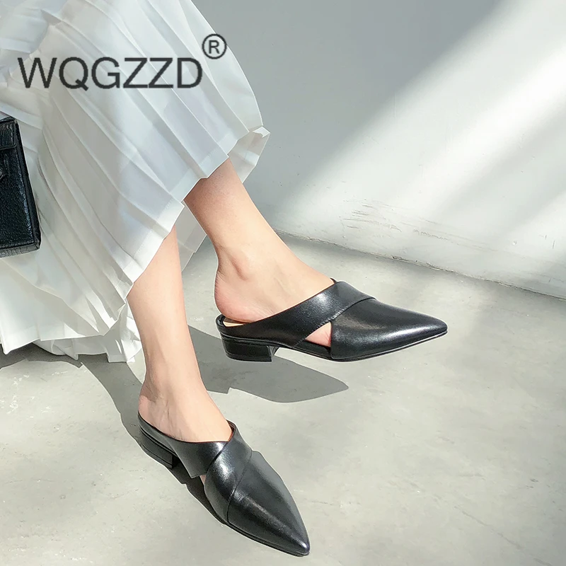 

2019 Luxury brand women's slippers genuine leather elegant women mules shoes pantoufle femme