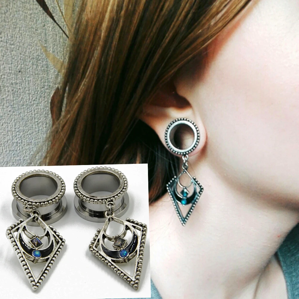 

2pcs Stainless & Opal with Mother of Pearl Crescent Plug Helix Dangle Ear Tunnel Expander Ear Strectcher Body Piercing