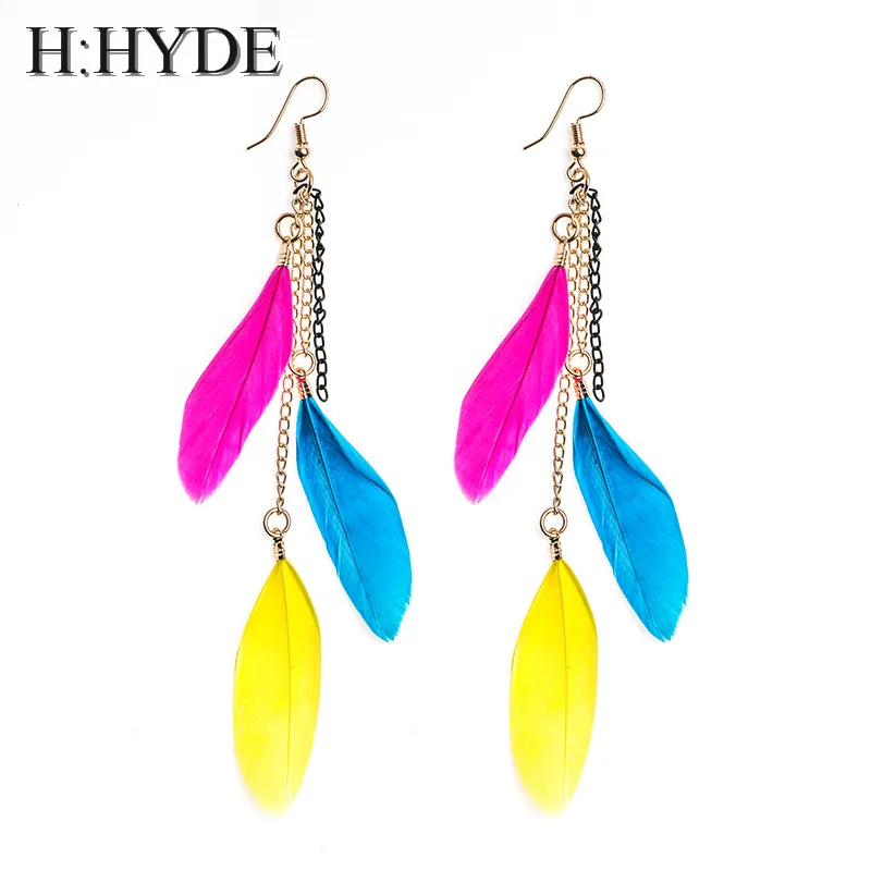 

H:HYDE Colorful Feather Earrings for Women Boucle d'oreille Femme Bijoux Long Drop Earring Brincos Aretes Orecchini Pendientes