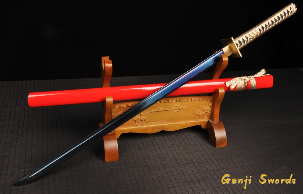 Полностью ручной работы полный тан настоящий японский прямой меч синий 1045 углеродистая сталь самурайский острый меч катана край медная Цуба