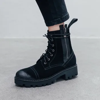 

PXELENA Genuine Leather Boots Women 2019 Autumn Shoes New Punk Gothic Med Heel Lace Up Military Combat Knight Ankle Boots