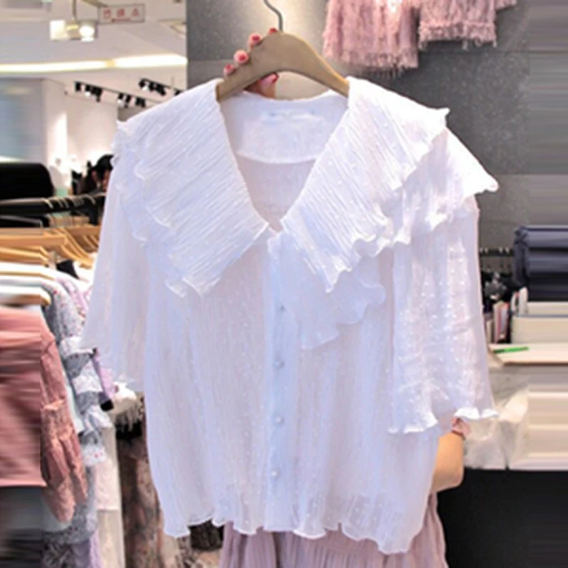 

2019 Summer New Chiffon Elegant Women Shirts Short Sleeved Korean Loose Lotus Leaf Edge Sweet Thin V-collar Shirts