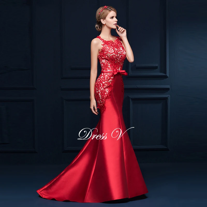Dressv длинное вечернее платье русалки с аппликацией и бантом, красное вечернее платье без рукавов, современное вечернее платье русалки