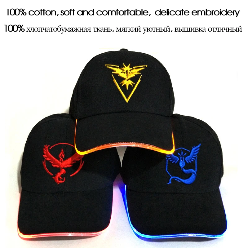 2018 New LED Light Pokemon Go Cap Hat Team Valor Team Instinct Pokemon Baseball Cap for Women Mens Fitted Hats Glow In The Dark 