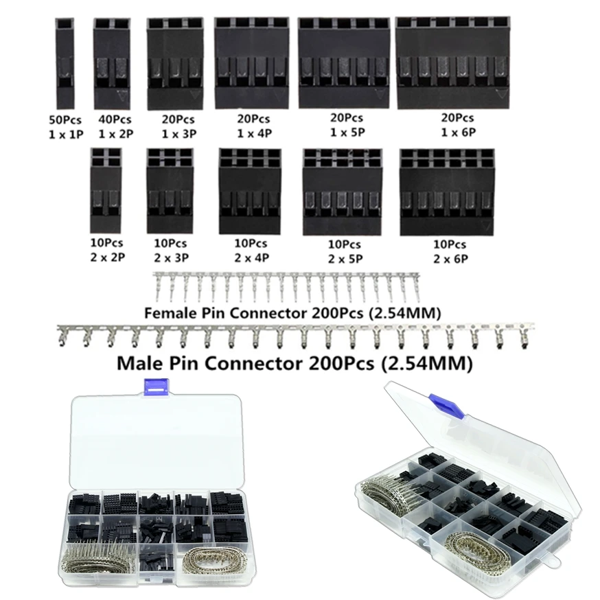 620 шт Dupont коннектор 2,54 мм, Dupont кабель Перемычка провода контактный коннектор корпус комплект, Мужской обжимной контакт+ Женский контактный разъем
