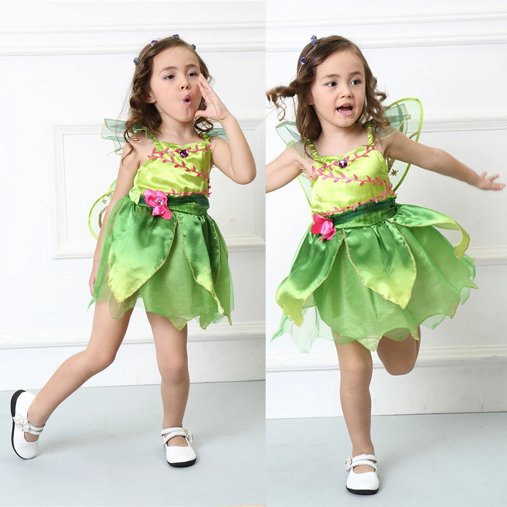 Включает крыло) принцесса Динь-Динь Лесной Феи платье Хэллоуин Косплей Костюм для детей Феи девушки зеленый платье с крыльями