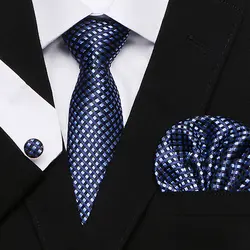 2019 Полосатый синий галстук, носовой платок, Запонки Комплект 100% высокое качество Шелковый жаккардовый галстук Бизнес Для мужчин подарки