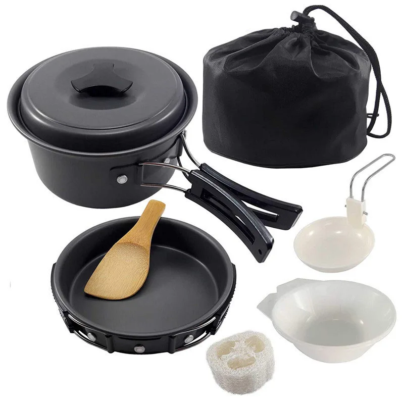 

Camping Cookware Set 2 Person Camping Gear Campfire Utensils Non-Stick Cooking Lightweight Stackable Pot Pan Bowls Storage Bag