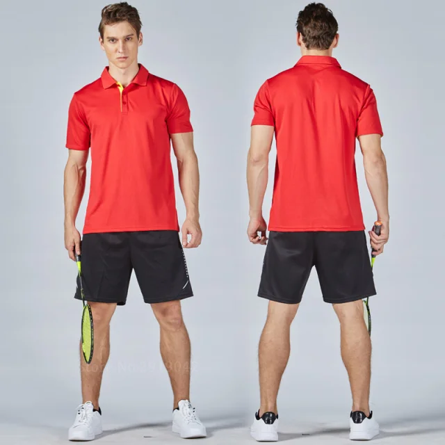 Мужские теннисные рубашки, наборы, дизайн, спортивный костюм, шорты с трикотажными вставками, дышащие, быстросохнущие, для бадминтона, для настольного тенниса, спортивная одежда - Цвет: red set
