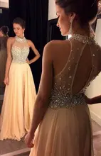 Sexy 2016 A Line High Neck Champagne Chiffon Long Bridesmaid Dresses Crystal Beading Wedding Floor Length Party Dresses