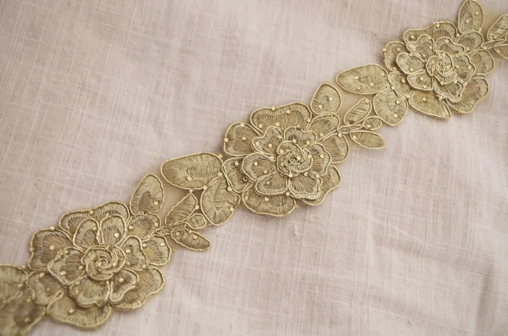 10 yards gold cord embroidered lace trim with gold rhinestone hot fix